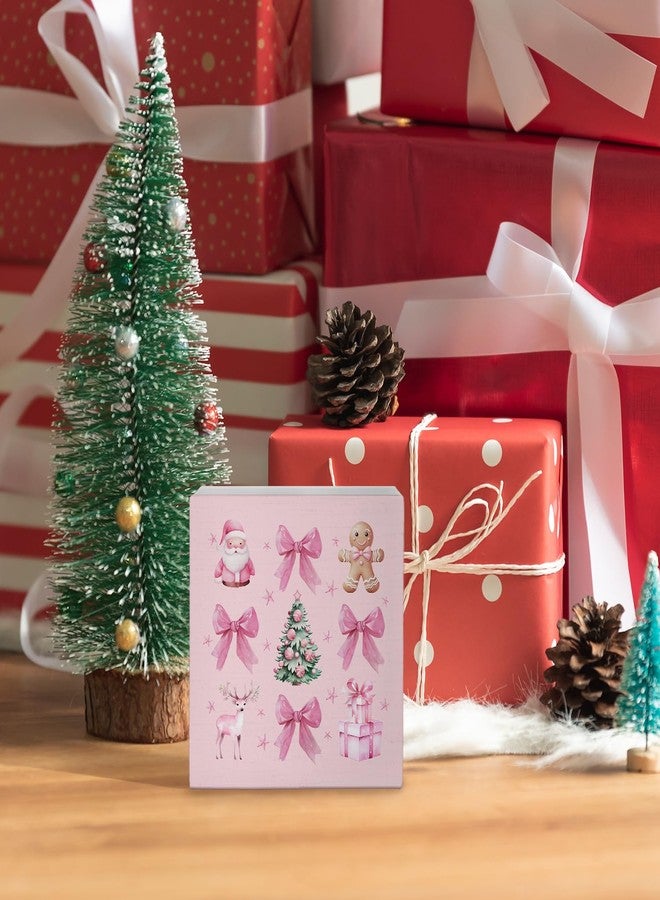 Nvotell Pink Coquette Christmas Sign, Wooden Box With Santa Tree and Bow, Cute Decor for Home Office Desk Table Tabletop Shelf, 5x5 Inch - Image 2